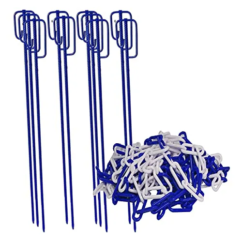 UvV Absperrleinenhalter 10 Stück mit Kette Ø 14 x 1200 mm geriffelt, verschiedene Farbkombinationen erhältlich, Absperrkette aus Kunststoff mit 25 Metern Länge und wahlweise 6 o. 8 mm (BLAU 8 mm)