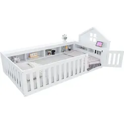 Kinderbett mit Lattenrost und Rausfallschutz, 90x200 cm - Massivholz in Weiß - Modernes Kinderbett mit stabilem Lattenrost und sicherem Rausfallschutz. Das Bettgestell aus Massivholz bietet viel Stauraum und ist einfach zu montieren. Ideal für eine sichere und stilvolle Schlafumgebung.