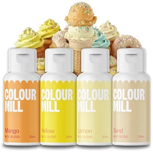 AOS Set | Colour Mill Lebensmittelfarben Set Yellow Gelb 4x 20ml | Mango, Yellow, Lemon, Sand | Für Fondant, Torten, Muffins, Cupcakes, Backen | Fettlöslich Ölbasiert Flüssig UV-beständig