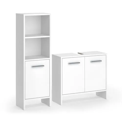 Vicco Badezimmermöbel-Set Karli, Weiß, 2-teilig - Praktisches Badezimmermöbel-Set mit Waschbeckenunterschrank und Hochschrank. Bietet optimalen Stauraum für Badutensilien und überzeugt durch pflegeleichte Materialien und modernes Design.