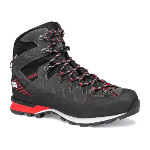 Hanwag Makra Pro GTX Asphalt/Red (9 (43)) - Leichte Bergschuhe - Wanderschuhe für anspruchsvolle Bergtouren, mit wasserdichter GORE-TEX Membran und perfekter Dämpfung dank PU-Ferse. Ideal für Gletscher- und Felstouren.