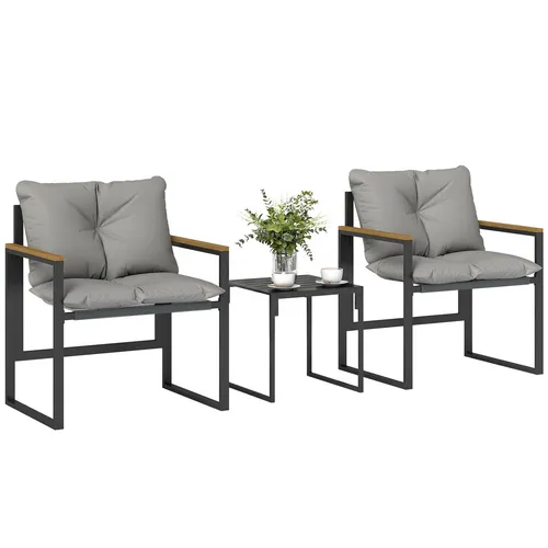 3-teiliges Balkonmöbel Set mit 2 Sesseln und Tisch - Ideal für kleine Balkone: Dieses wetterbeständige Bistro-Set bietet Platz für bis zu 2 Personen und ist leicht zu montieren. In elegantem Grau mit komfortablen Kissen für entspannte Stunden im Freien.
