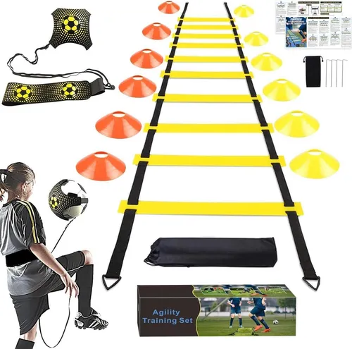 Fußball Trainingsset 6m Koordinationsleiter, Kick Trainer, Hütchen - Komplettes Fußball Trainingszubehör Set für alle Altersgruppen - verbessert Beinarbeit, Koordination und Fußballfähigkeiten mit hochwertiger Agility-Leiter und Kicktrainer.