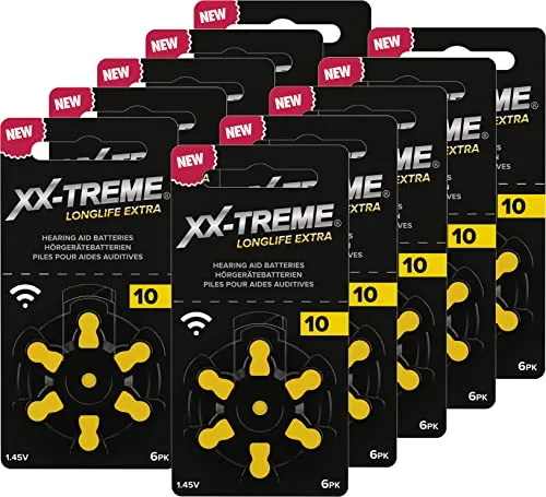 XX-Treme Longlife Extra Hörgerätebatterien Typ 10-60 Stück Hörgeräte Batterien konzipiert für höchste Leistung - Pack mit 10 Blistern à 6 Hörgerätebatterien – PR70 Farbcode gelb 1,45 Volt
