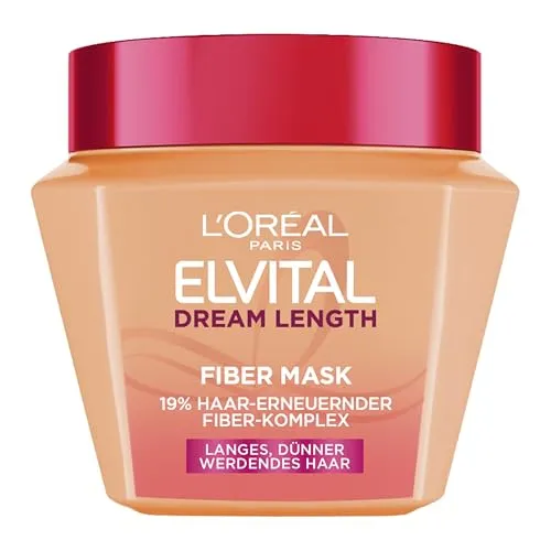 L'Oréal Paris Elvital Dream Length Fiber Mask, Regeneriert geschädigte Haarlängen, mit Peptiden, Haarkur speziell für langes, dünnes Haar, gegen Haarbruch, mehr Fülle & Glanz, 1x300ml