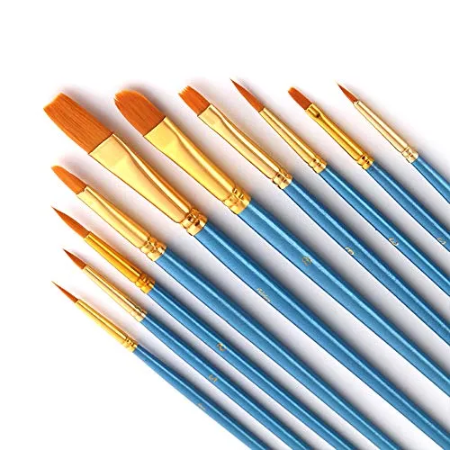 Bougimal 10 Stück Pinsel Set, Premium Nylon Acrylpinsel Mit Birkenholz Langem Griff für Ölgemälde, Aquarell, Gesichtsmalen, Nägel Perfekt für Anfänger, Künstler