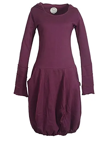 Vishes - Warmes Damen Langarm Winterkleid mit Zipfelkapuze - Stylisches Ballonkleid aus hochwertigem Baumwollsweatshirtstoff, ideal für Übergangszeiten. Mit langen Trompeten-Ärmeln, zwei praktischen Taschen und einzigartigem Patchwork-Design, fair hergestellt in Nepal.