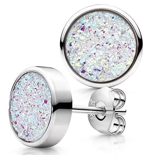Materia Quarz Ohrstecker rund Opal-Weiß 925 Silber - Elegante Damenohrringe aus 925 Sterling Silber mit glitzerndem Druzy Quarz in Opal-Weiß, rhodiniert und anlaufgeschützt – ideal als Geschenk!