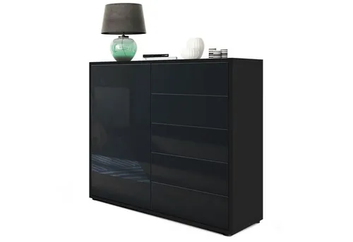 Vladon Kommode Ben V2 - Modernes Möbelstück in Schwarz - Drohnen, vielseitige Kommode mit 1 Tür und 5 Schubladen, pflegeleicht und ideal für jedes Zimmer. Hergestellt in Deutschland, perfektes modernes Design für Ihr Zuhause.