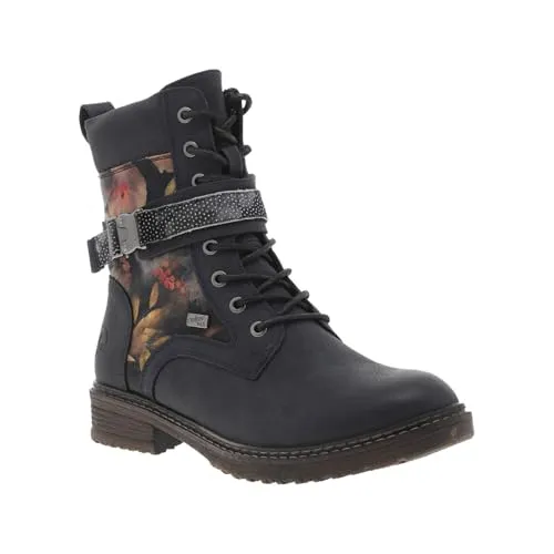 Rieker Damen Stiefelette 94722 mit Blumenmuster, wasserabweisend, Größe 38 EU, Blau - Stylische Rieker Damen-Stiefelette mit floralen Akzenten. Praktischer Reißverschluss für einfachen Einstieg und weiche Decksohle für hohen Tragekomfort. Ideal für jeden Tag, auch bei leichtem Regen.