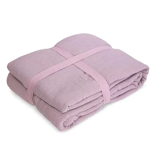 Musselin Decke 130x180 cm – Kuschelige Wohndecke mit weicher Fleece-Rückseite – 100% Baumwolle Vorderseite – Atmungsaktiv & Warm – Ideal als Sofadecke & Tagesdecke (rosa)