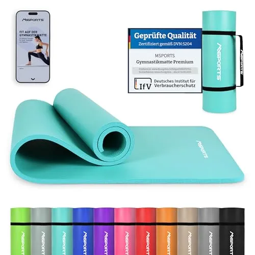 MSports® Gymnastikmatte Yogamatte mit Tragegurt und Workout App - Sportmatte 190 x 60 x 1.5 cm in Cyan, inklusive Tragegurt und Workout App für effektives Training überall.