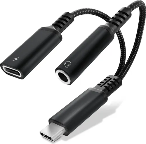 CELLONIC 2-in-1 Adapter USB-C Klinke 3,5 mm Aux-Splitter Audio und Ladeanschluss mit 60 W Power Delivery,USB-C Schnellladekabel Kompatibel mit iPhone, Samsung, Telefon, Headset, Kopfhörer - schwarz