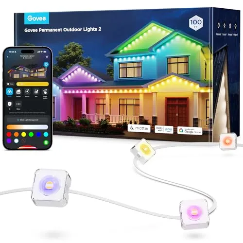 Govee Permanent Outdoor Lights 2, 30m RGBIC Outdoor Lights mit 72 LED Lichtern,40lm, IP67 Wasserdicht lichterkette outdoor, 100 Szenen Modi für Decor, Arbeit mit Alexa, Google Assistant, Weiße Version