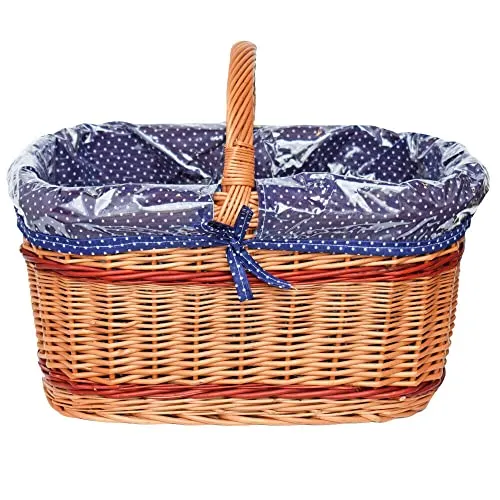 Großer Einkaufskorb/Autokorb aus Weide mit Henkel und Stoffeinlage (blau mit weißen Punkten) | herausnehmbar, mit Schutzfolie | geflochten rechteckig