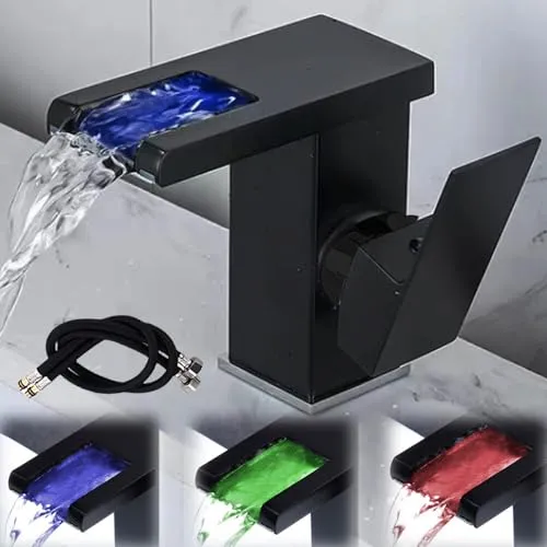 LED Lichter Bad Wasserhahn Schwarz, Wasserfall Armatur, 3 Farbe Waschbeckenarmatur, Warm- und Kaltwasserhahn, Modern Einhebel-Mischbatterie Waschbecken für Badezimmer (60cm Rohre inklusive)