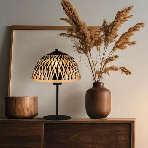 Tischleuchte Bambus Beistelllampe schwarz - Elegante Tischleuchte aus Bambus und Metall, ideal für Wohnzimmer oder Schreibtisch. Individuell einstellbare Lichtfarbe dank E27 Fassung. Durchmesser 25 cm, Höhe 37 cm.
