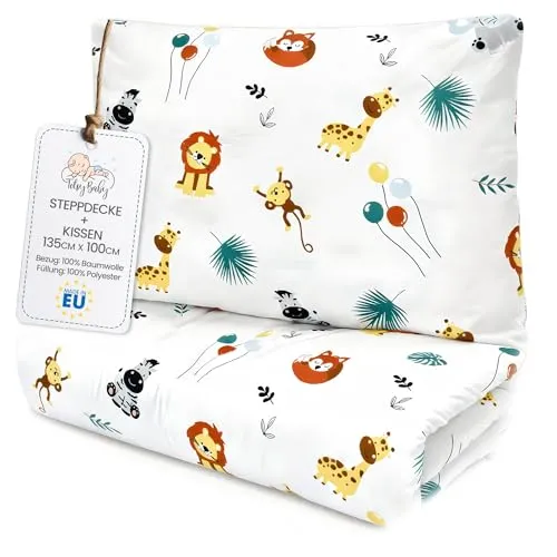 Kinder Bettdecke ohne Bezug 100x135 cm - Baumwolle Baby Decke und Kissen Set Kinderdecke 100 x 135 und Kopfkissen 60 x 40 - Bettdecken Kinderbettdecke Oeko-Tex Safari
