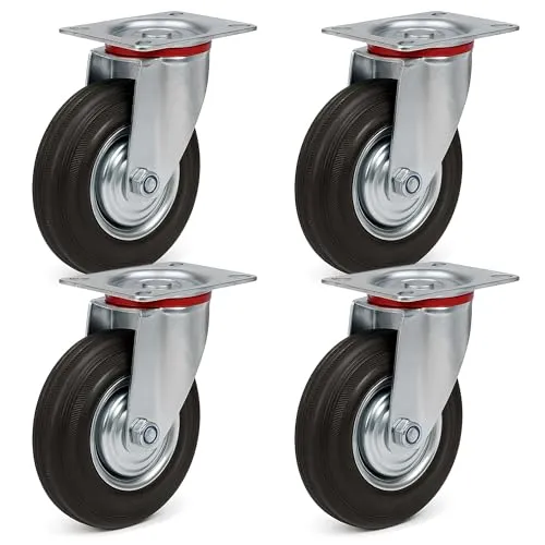 Wiltec Lenkrollen Set 4x Transportrolle mit Vollgummirad Ø100mm bis 70kg pro Rad mit Metallfelge und Anbauplatte, leiser Lauf, Transportrollen Möbelrollen Laufrollen