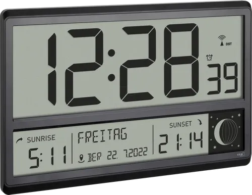 TFA Dostmann Digitale XL Funk Wanduhr mit Weckalarm - Wecker: Große digitale XL Wanduhr mit Funkempfang, zeigt Mondphasen und Sonnenauf- und -untergangszeiten für 158 Städte, ideal für präzise Zeit- und Datumsanzeige.