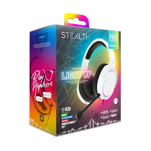 STEALTH Panther RGB-LED-Gaming-Headset, weiß, kompatibel mit PS4/PS5, XBOX, Switch, PC mit flexiblem Mikrofon, 3,5-mm-Klinkenstecker, 1,5 m Kabel, leicht, bequem und langlebig