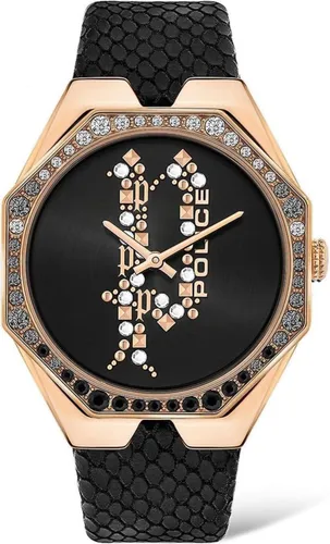Police Moana Damen Armbanduhr PEWLA2008201 - Schwarz/Roségold - Elegante Damen Armbanduhr mit 35mm Gehäuse, schwarzem Zifferblatt und hochwertigem Lederarmband. Wasserdicht bis 3 ATM, ideal für jeden Anlass.