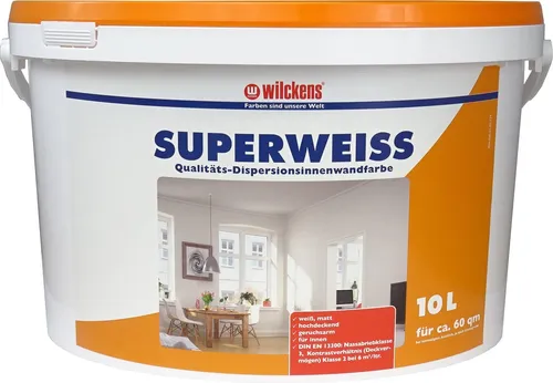 Wilckens Superweiss matt, 10 l - Hochdeckende Innenwandfarbe, geruchs- und spritzarm. Ideal für einfache Verarbeitung und Airless-Spritzen. Ergiebig für ca. 60 m² pro Anstrich.