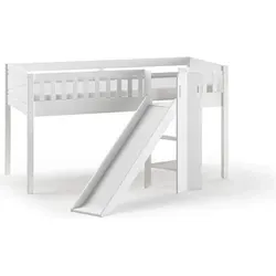 Kinderbett mit Rutsche Karyl aus Massivholz in Weiß - Spielbett für Abenteuer - Das stilvolle Kinderbett Karyl mit Rutsche bietet eine Liegefläche von 90x200 cm aus robustem Massivholz. Ideal für kreative Spielstunden und sicheren Schlaf, einfach selbst montierbar und mit stabiler Konstruktion.