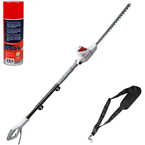 IKRA Elektro Teleskop Heckenschere ITHS 600 - Heckenschere mit 51cm Schnittlänge, teleskopierbar bis 2,40m und 5-fach Schnittwinkelverstellung für präzise Schnitte. Inkl. Pflegespray für mühelose Reinigung der Klingen.