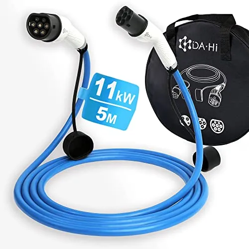 DA • Hi EV Ladekabel Typ 2 für Elektroauto und PHEV 11KW 5m 16A 3-phasig, in Weiß-Blau, IP54 Wind-, Regen- und staubbeständig