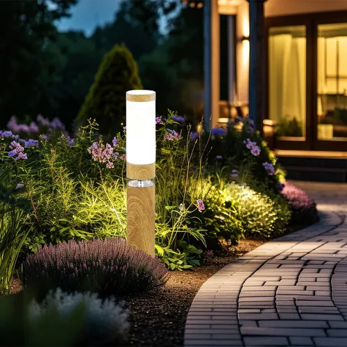 Elegante Sockelleuchte aus Edelstahl mit Holzoptik