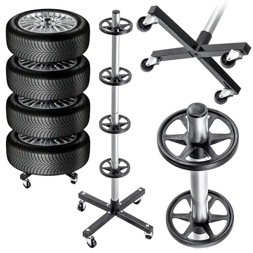 KADAX Reifenständer für 4 Autoreifen mit Felgen, Felgenbaum mit Rollen für Garage, Platzsparendes Reifenregal, Reifenbaum für Reifen, Garagen Zubehör