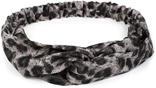 styleBREAKER Damen Haarband mit Leo Animal Print, Twist Knoten und Gummizug, Stirnband, Headband, Haarschmuck 04026020, Farbe:Grau-Schwarz