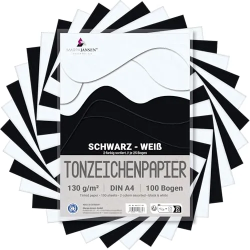 MarpaJansen Tonzeichenpapier Schwarz/Weiß, DIN A4, 100 Bogen, je 50 Bogen in schwarz & weiß 130 g/m², Blauer Engel zertifiziert