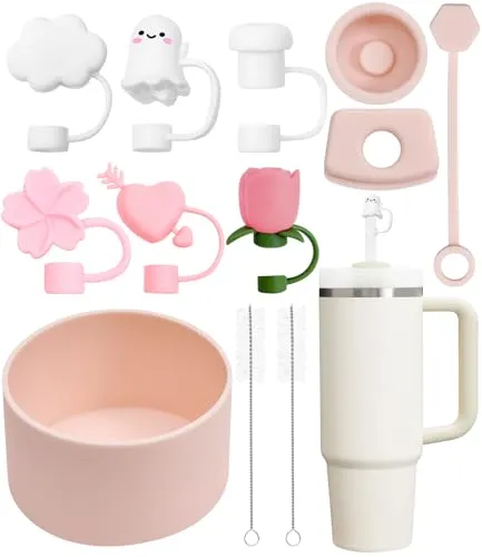 LEAZZLE 12 Stück Strohhalm Abdeckung für Stanley Zubehör,7 verschieden geformte Strohhalmdeckel,2 wasserdichte Stopfen,1 Anti Rutsch Ring aus Silikon für Stanley Cup,2 Strohhalmbürsten(Rose)