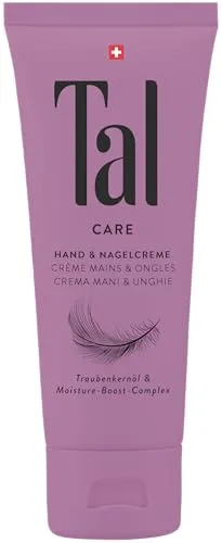 Tal Care Hand- & Nagelcreme 75 ml, tägliche Hand- und Nagelpflege für beanspruchte, rissige Hände, feuchtigkeitsspendendes Traubenkernöl, spürbarer Glatteffekt mit blumiger Duftnote, zieht schnell ein