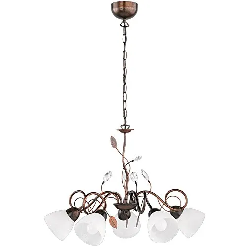 Eleganter Kronleuchter Lüster 5-flammig aus Metall und Glas - Kronleuchter für Wohnzimmer, 5 flammig mit antik rostfarbiger Metall- und alabasterfarbiger Glas-Kombination, verleiht Ihrem Raum glamouröse Eleganz.