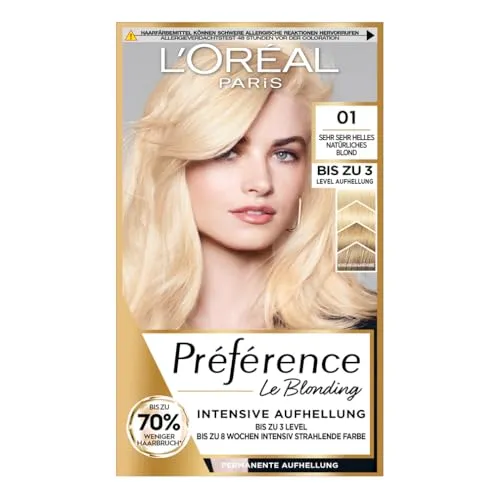 L'Oréal Paris Permanente Haarfarbe zum Blondieren der Haare, Haarfärbeset mit Coloration und Farbglanz-Pflegebalsam, Préférence Le Blonding, 01 Sehr helles natürliches Blond, Multipack