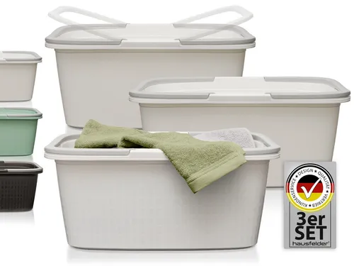 Hausfelder Wäschekorb Set mit 3 Wannen (35 l) - Praktisches Set mit 3 Wäschekörben, ideal für jeden Haushalt. Robuste, stapelbare Wannen aus BPA-freiem Kunststoff mit klappbaren Henkeln für einfachen Transport. Perfekt für das Sortieren und Transportieren von Wäsche.