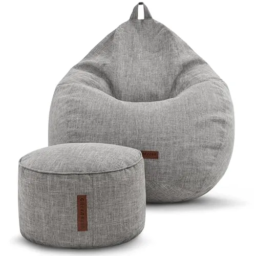Green Bean 2er Set Indoor Sitzsack & Hocker - Komfortabler Sitzpouf mit EPS-Perlen Füllung - Sitzsäcke: Luxuriöses Set mit abnehmbarem Leinenbezug und nachfüllbarer EPS-Perlen Füllung für ergonomischen Sitzkomfort und Wohlfühltemperatur.