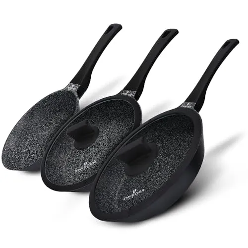 ZWIEGER Aluguss Pfannenset mit Deckel – 5-teiliges Pfannenset Induktion: Bratpfanne 28 cm und 24 cm mit Deckeln, kleine Pfanne 20 cm, für alle Herdarten geeignet – Antihaft, PFOA- & PFOS-frei