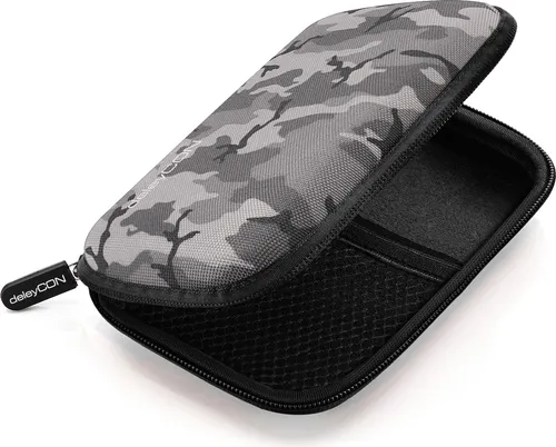 deleyCON Festplattentasche Festplatten Case HDD Case - Für 2,5 Zoll Festplatten und SSD - Robust & Stoßsicher - 2 Innenfächer Netztaschen - Schwarz/Camouflage