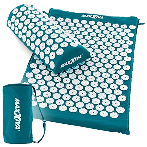 MAXXIVA® Akupressurmatte Set 75 x 42 cm mit Kissen mit Tragetasche Yantramatte Fakirmatte Durchblutung Massage (Petrol)