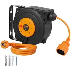 VEVOR Kabeltrommel Automatik 9m - Kabeltrommel mit automatischem Aufroller und Wandhalterung, ideal für flexibles Arbeiten und sichere Stromversorgung. Hochwertiges Kabel und vielseitige Montagemöglichkeiten.
