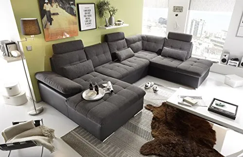 Stella Trading JAKARTA Wohnlandschaft in U-Form - Sofas & Couches - Ausziehbares Sofa mit Schlaffunktion und Bettkasten, perfekt für einen flexiblen Schlafplatz und stilvolles Wohnen.