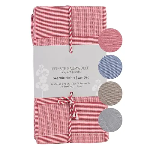 liebling 4er Pack Polier- und Geschirrtücher, Jacquard gewebt, 100% Baumwolle, robust und saugstark, schnelltrocknend, 50 x 70 cm, Farbe: rot