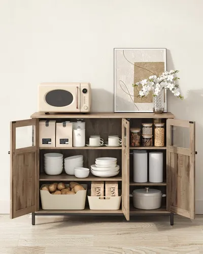 VASAGLE Sideboard Küchenschrank - Stilvoller Aufbewahrungsschrank mit Glastüren - Sideboards - Robustes Design mit verstellbaren Ablagen und industriellem Stahlrahmen, ideal für Wohnzimmer, Küche oder Esszimmer.