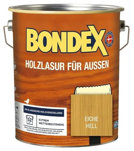 Bondex Holzlasur für Außen, witterungsbeständig, 4 l, Eiche Hell - Farben & Lacke - Schützt und pflegt Holz im Außenbereich, witterungsbeständig und blockfest, ideal für Carports, Zäune und Pergolen.