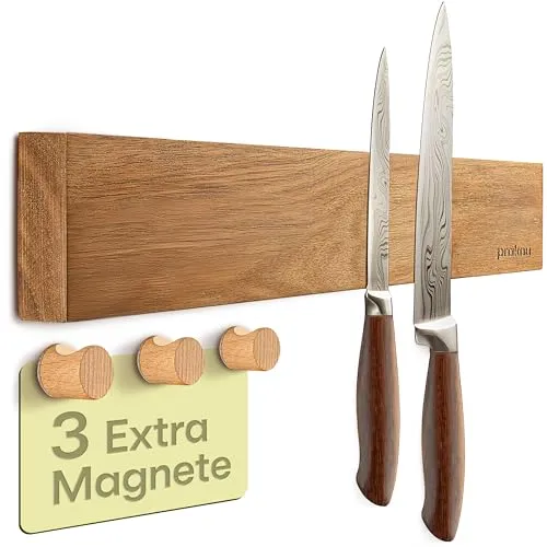 Praknu Magnetleiste für Messer Selbstklebend - 40 cm Akazienholz - Küchenmesser Halter aus robustem Akazienholz mit extra starkem Magnet für sicheren Halt. Inklusive 3 Organizer Haken für zusätzliche Aufbewahrung und einfachen Zugang zu Küchentüchern und Werkzeugen.