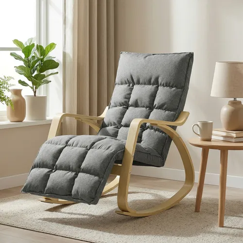 Schaukelstuhl mit 5-fach verstellbarer Fußstütze in Leinenoptik - Moderner Schaukelstuhl für Erwachsene, gepolstert und mit Armlehnen. Ideal für entspannende Momente im Wohnzimmer oder Schlafzimmer. Maximale Gewichtskapazität: 120 kg.